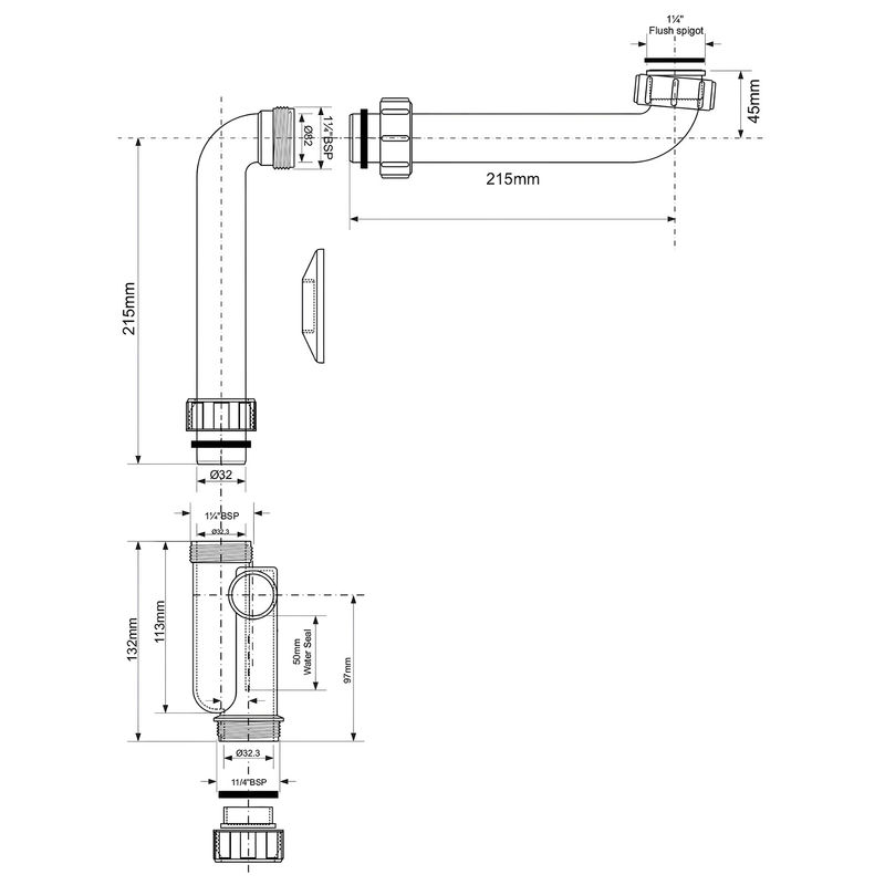 Сифон для умывальника McAlpine HC13SPS-X32PF (1 1/4''х32мм)