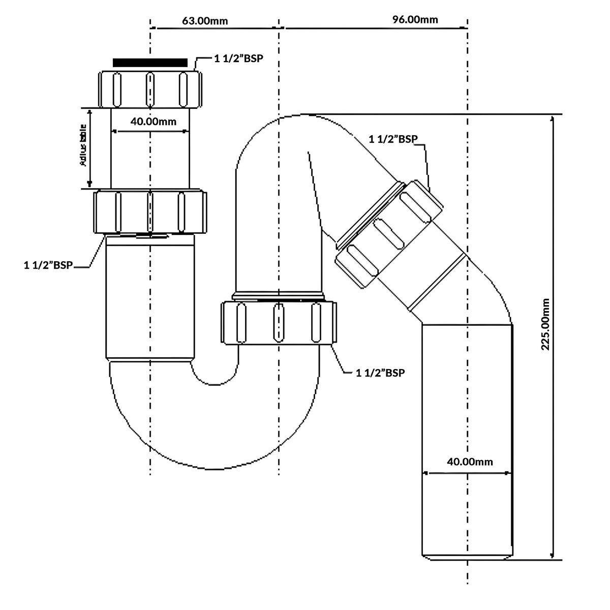 Сифон трубный P/S-образный McAlpine HC6 (1 1/2"х40мм) без выпуска с универсальной отводной трубой D40мм.