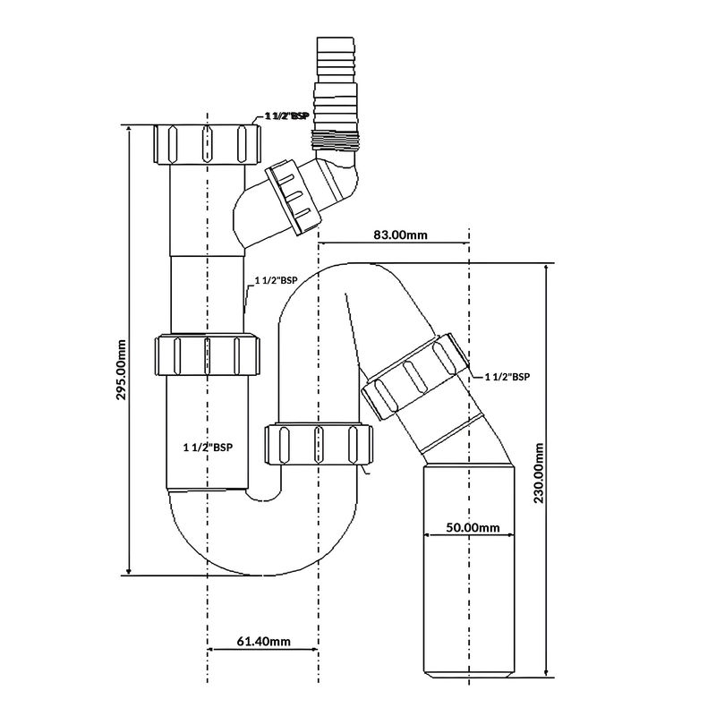 Сифон трубный P/S-образный McAlpine HC8 (1 1/2"х40мм) с подключением к стиральной машине или посудомоечной машине, без выпуска с универсальной отводной трубой D40/50мм