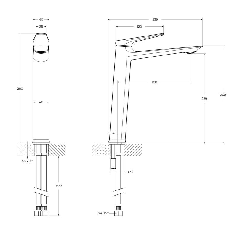 LINER-LC-01-W0 Смеситель для накладной раковины однорычажный, без донного клапана, исполнение хром