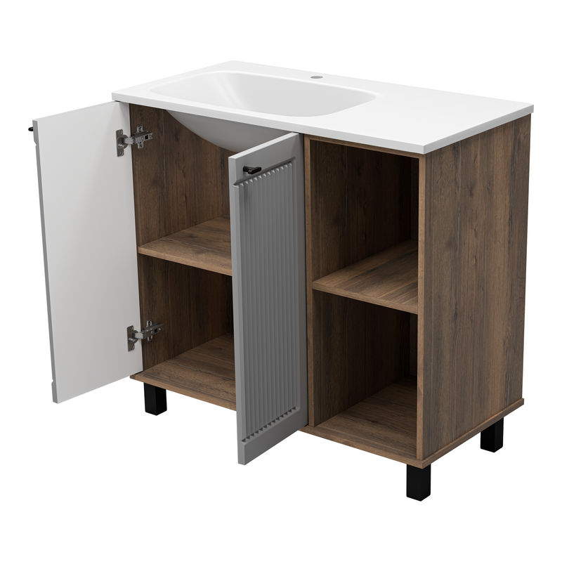 Тумба под раковину Brevita Lumus 90 напольная 2 дв., с нишей левая / LUM-06070-0842ЯL дуб галифакс олово / серая матовая эмаль