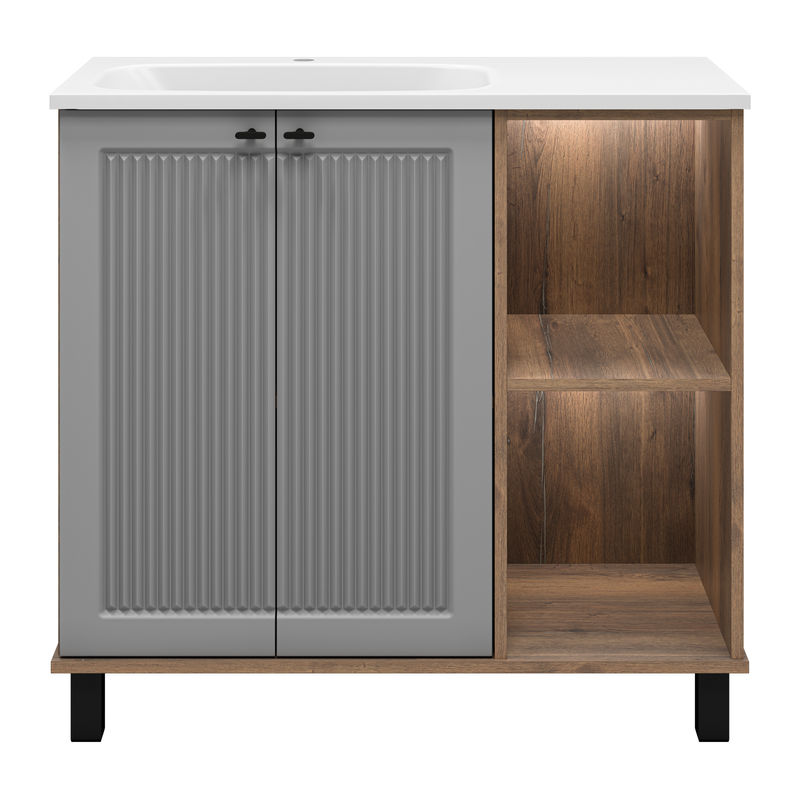 Тумба под раковину Brevita Lumus 90 напольная 2 дв., с нишей левая / LUM-06070-0842ЯL дуб галифакс олово / серая матовая эмаль
