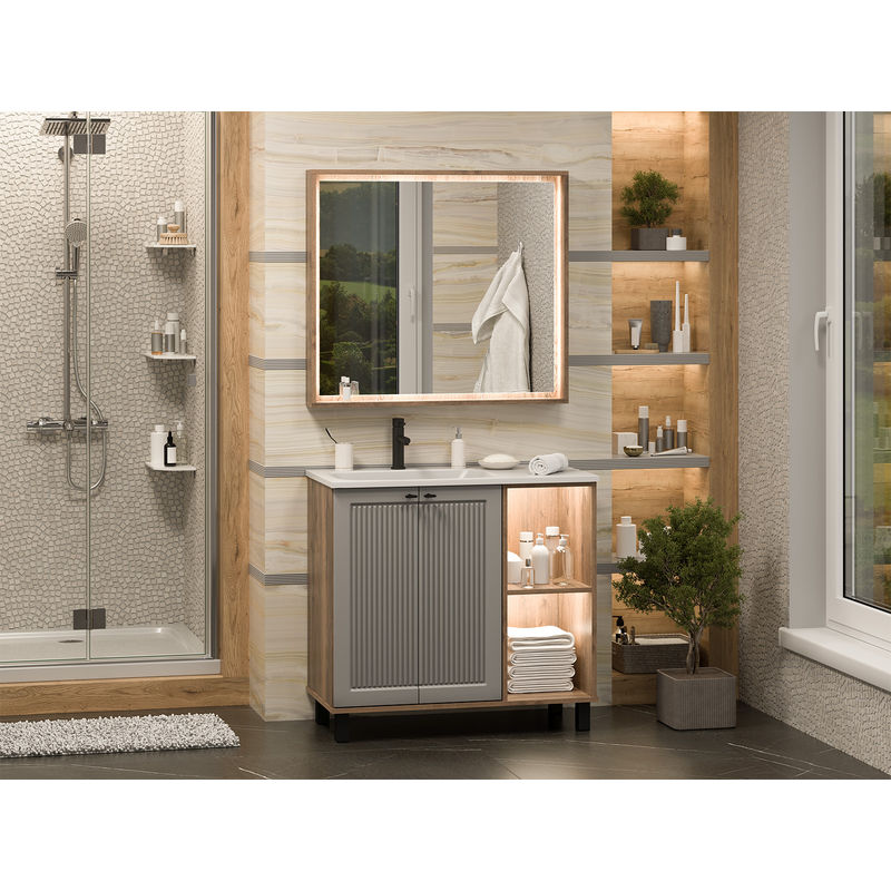 Тумба под раковину Brevita Lumus 90 напольная 2 дв., с нишей левая / LUM-06070-0842ЯL дуб галифакс олово / серая матовая эмаль