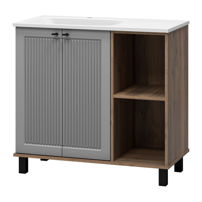 Тумба под раковину Brevita Lumus 90 напольная 2 дв., с нишей левая / LUM-06070-0842ЯL дуб галифакс олово / серая матовая эмаль