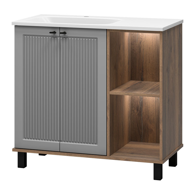 Тумба под раковину Brevita Lumus 90 напольная 2 дв., с нишей левая / LUM-06070-0842ЯL дуб галифакс олово / серая матовая эмаль