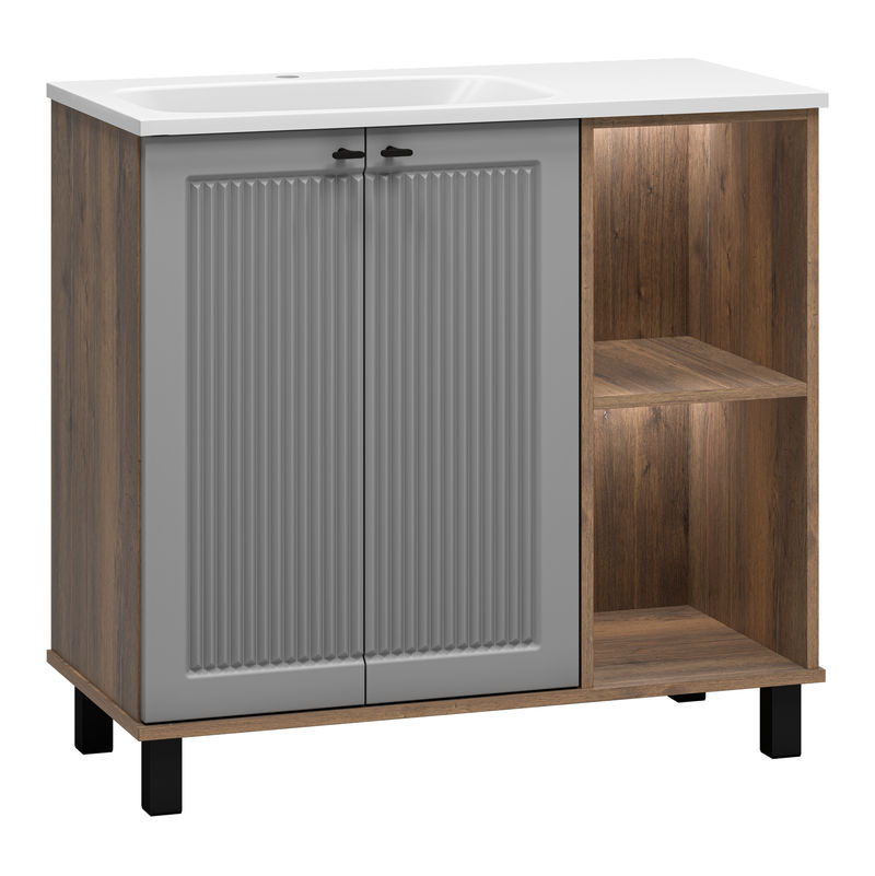 Тумба под раковину Brevita Lumus 90 напольная 2 дв., с нишей левая / LUM-06070-0842ЯL дуб галифакс олово / серая матовая эмаль