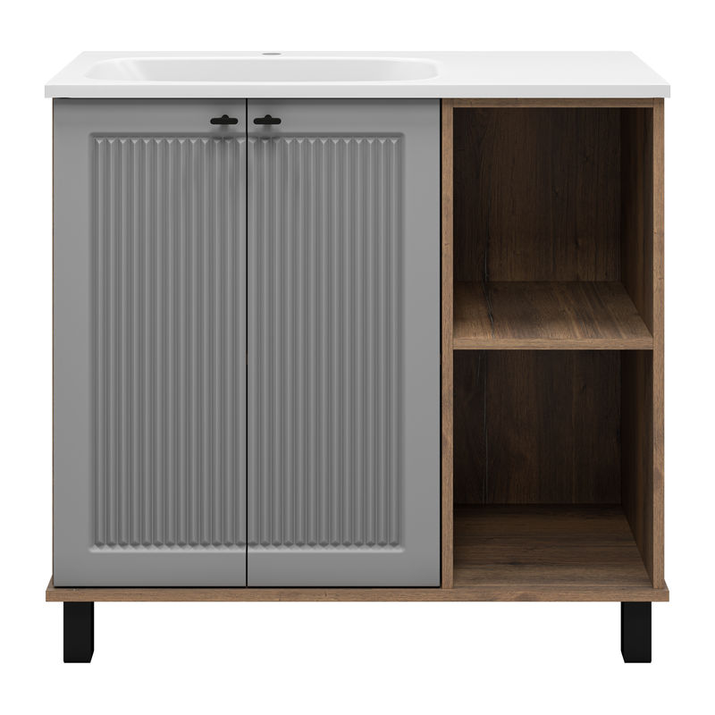 Тумба под раковину Brevita Lumus 90 напольная 2 дв., с нишей левая / LUM-06070-0842ЯL дуб галифакс олово / серая матовая эмаль