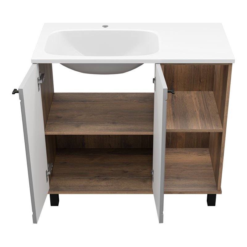 Тумба под раковину Brevita Lumus 90 напольная 2 дв., с нишей левая / LUM-06070-0842ЯL дуб галифакс олово / серая матовая эмаль