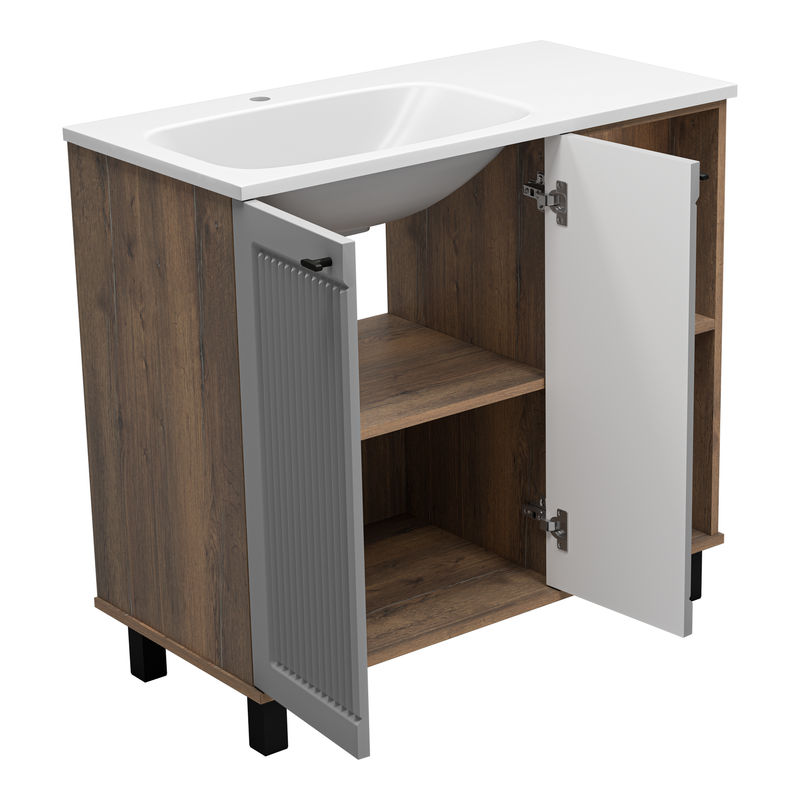 Тумба под раковину Brevita Lumus 90 напольная 2 дв., с нишей левая / LUM-06070-0842ЯL дуб галифакс олово / серая матовая эмаль