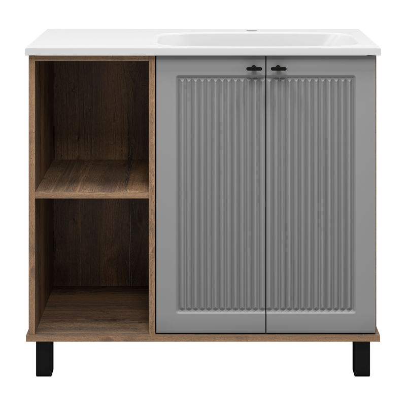 Тумба под раковину Brevita Lumus 90 напольная 2 дв., с нишей правая / LUM-06090-0842ЯP дуб галифакс олово / серая матовая эмаль