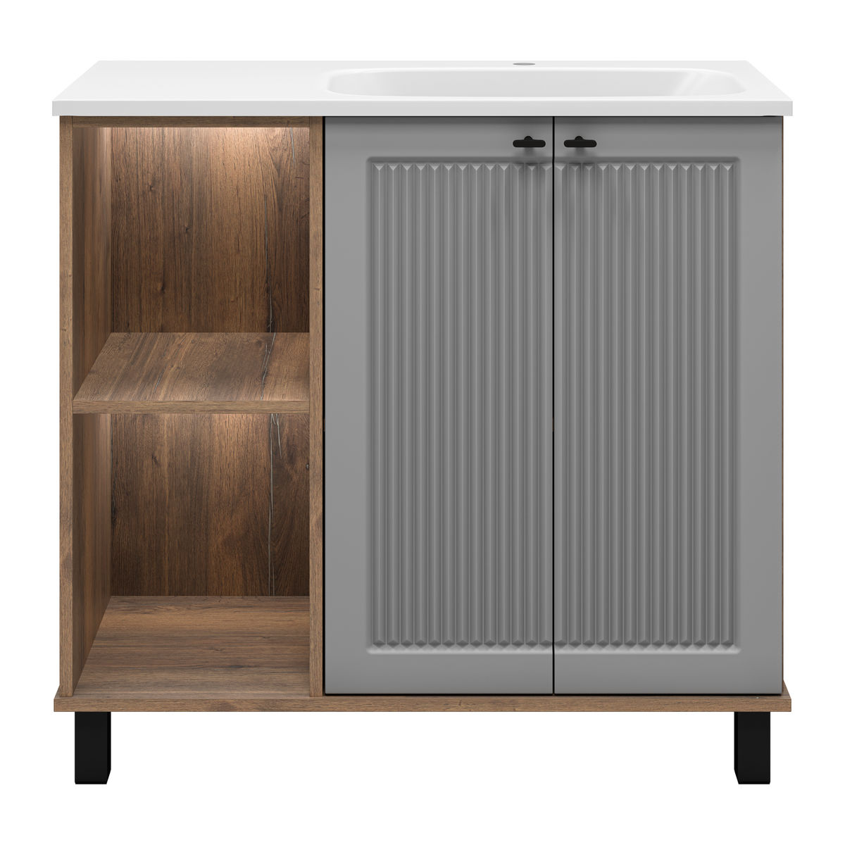 LUMUS - 90 Тумба напольная 2 дв., с нишей, правая, Дуб Галифакс олово / Серая матовая эмаль