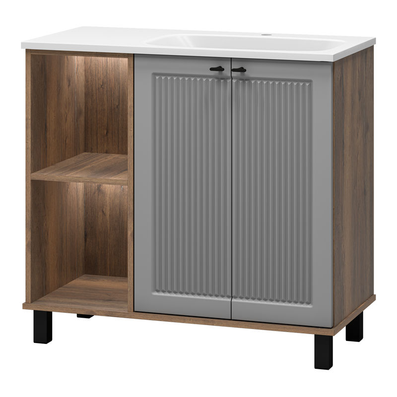 Тумба под раковину Brevita Lumus 90 напольная 2 дв., с нишей правая / LUM-06090-0842ЯP дуб галифакс олово / серая матовая эмаль