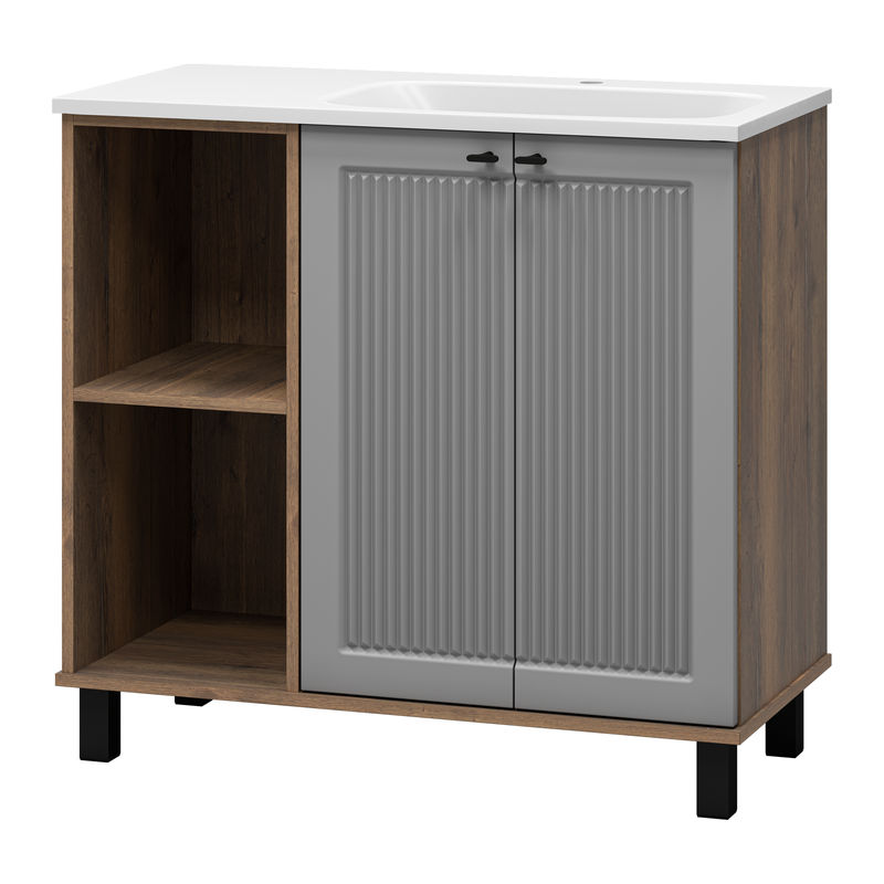 Тумба под раковину Brevita Lumus 90 напольная 2 дв., с нишей правая / LUM-06090-0842ЯP дуб галифакс олово / серая матовая эмаль