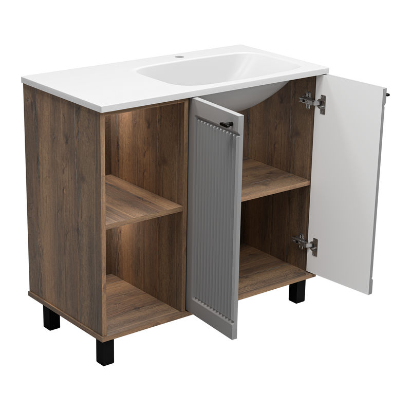 Тумба под раковину Brevita Lumus 90 напольная 2 дв., с нишей правая / LUM-06090-0842ЯP дуб галифакс олово / серая матовая эмаль