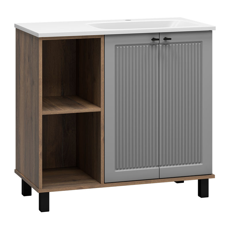 Тумба под раковину Brevita Lumus 90 напольная 2 дв., с нишей правая / LUM-06090-0842ЯP дуб галифакс олово / серая матовая эмаль