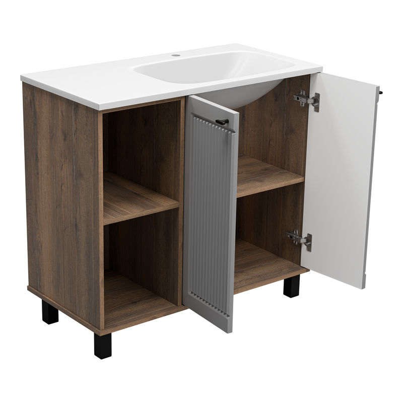 Тумба под раковину Brevita Lumus 90 напольная 2 дв., с нишей правая / LUM-06090-0842ЯP дуб галифакс олово / серая матовая эмаль