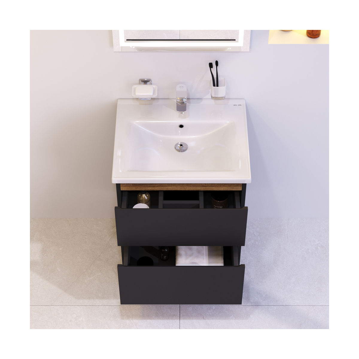 M85AFHX0552BM X-Joy, База под раковину, подвесная, 55 см, 2 ящика, черный матовый
