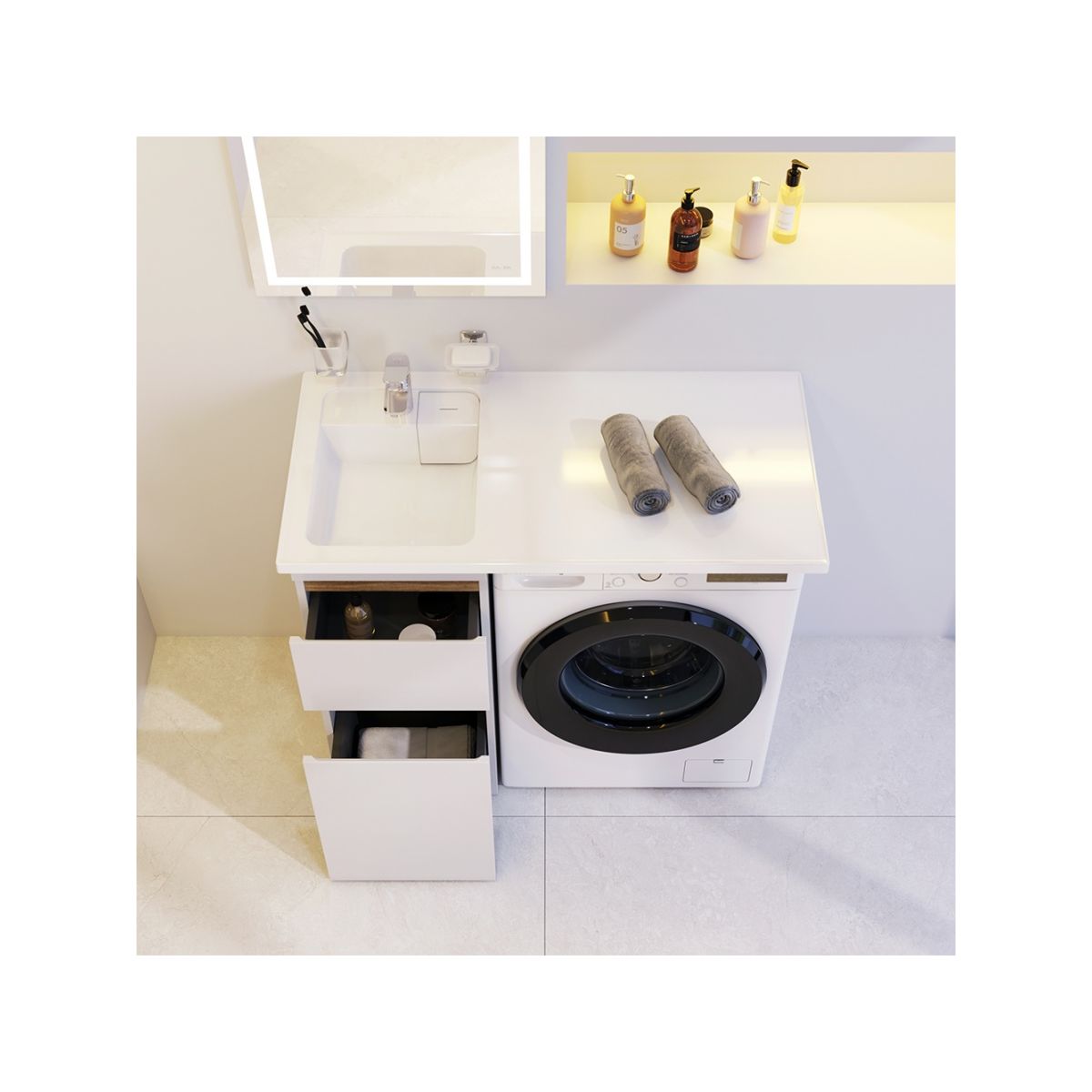M85AWPL1001WG X-Joy,  Раковина над стиральной машиной, литьевой мрамор, левая, 100 см, белый глянец