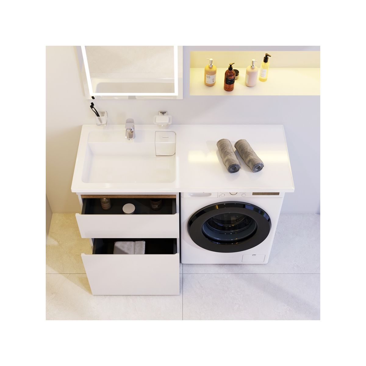 M85AWPL1201WG X-Joy, Раковина над стиральной машиной, литьевой мрамор, левая, 120 см, белый глянец