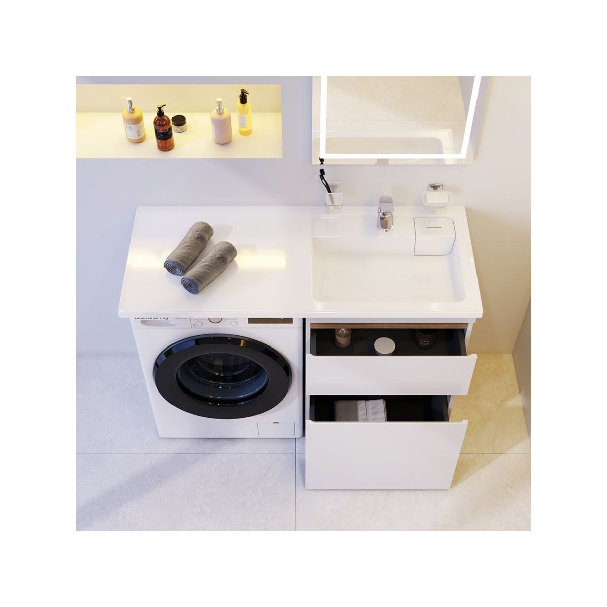 M85AWPR1201WG X-Joy, Раковина над стиральной машиной, литьевой мрамор, правая, 120 см, белый глянец