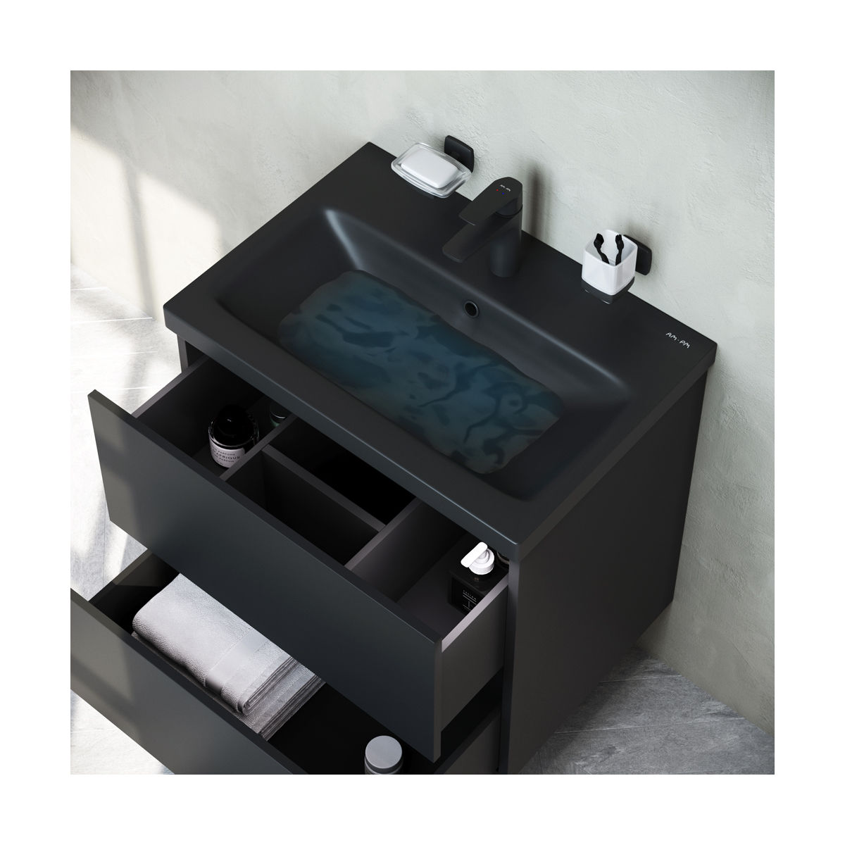 M90FHX06022BM GEM, База под раковину, подвесная, 60 см, 2 ящика push-to-open, цвет: черный матовый