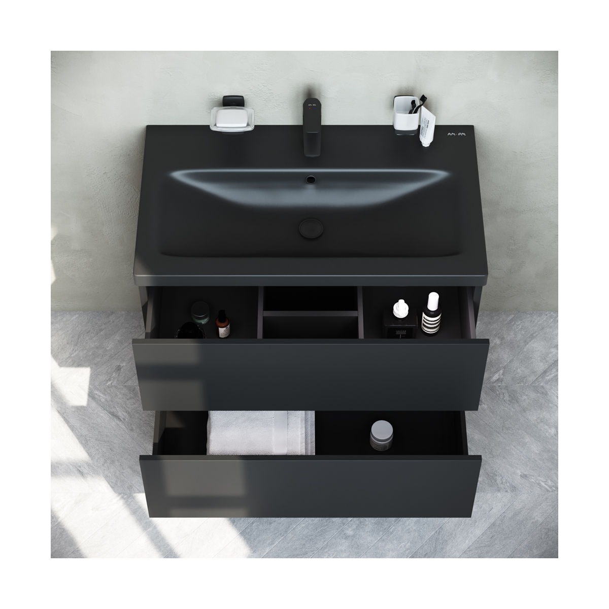 M90FHX07522BM GEM, База под раковину, подвесная, 75 см, 2 ящика push-to-open, цвет: черный матовый