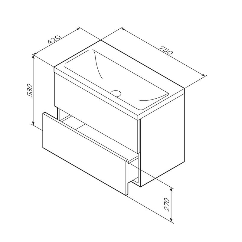 Тумба под раковину AM.PM GEM 75 см подвесная 2 ящика (push-to-open) / M90FHX07522BM черный матовый