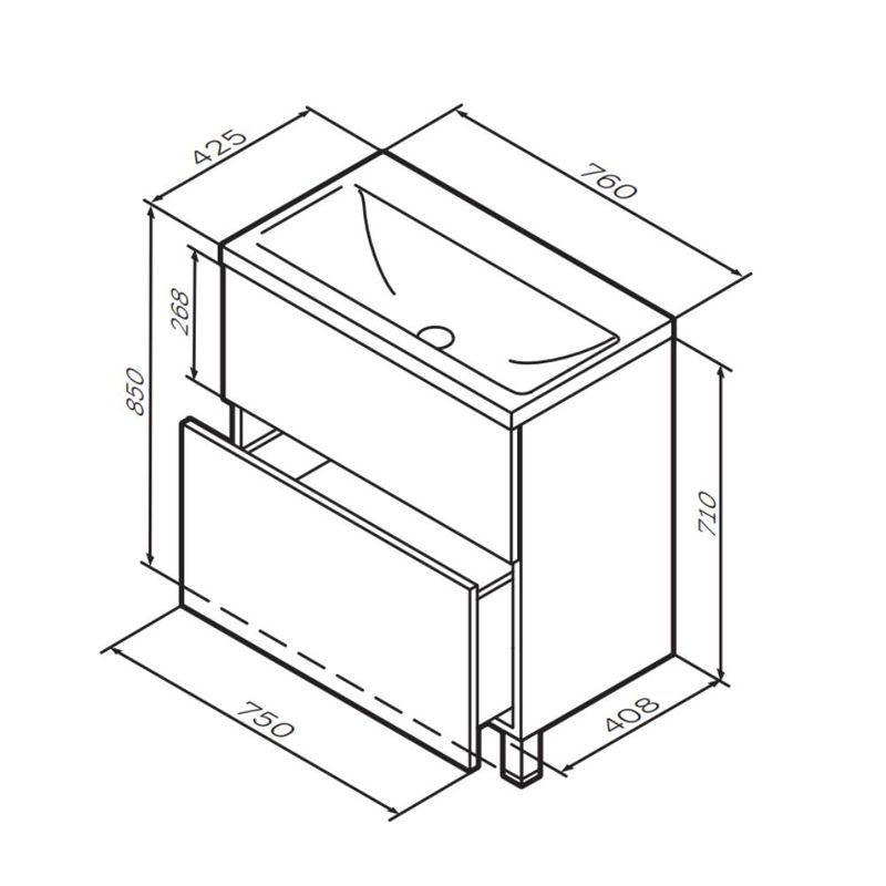 Тумба под раковину AM.PM GEM 75 см напольная 2 ящика (push-to-open) / M90FSX0752HF орех