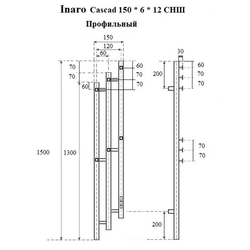 Полотенцесушитель электрический Маргроид Ferrum Inaro 3 Cascade СНШ профильный 150×6×12 Графит, скрытого монтажа, таймер справа
