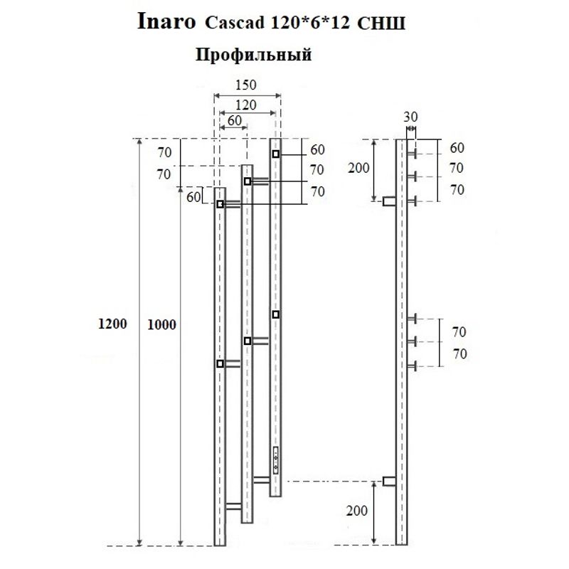 Полотенцесушитель электрический Маргроид Ferrum Inaro 3 Cascade СНШ профильный 120×6×12 Черный матовый, скрытого монтажа, таймер справа