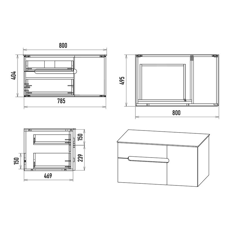 Тумба под раковину Роял 80 подвесная с 2 ящ. 1 дв. П-Роя-01080-011П2Я белый