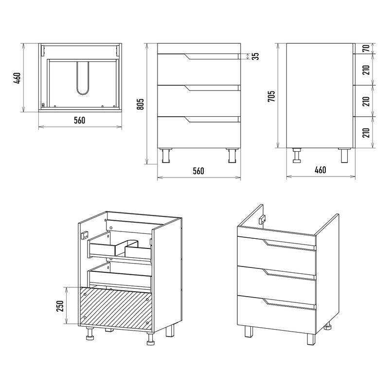 Тумба под раковину Софт 60 напольная с 3 ящ. / П-Соф-01060-0113Я эмаль