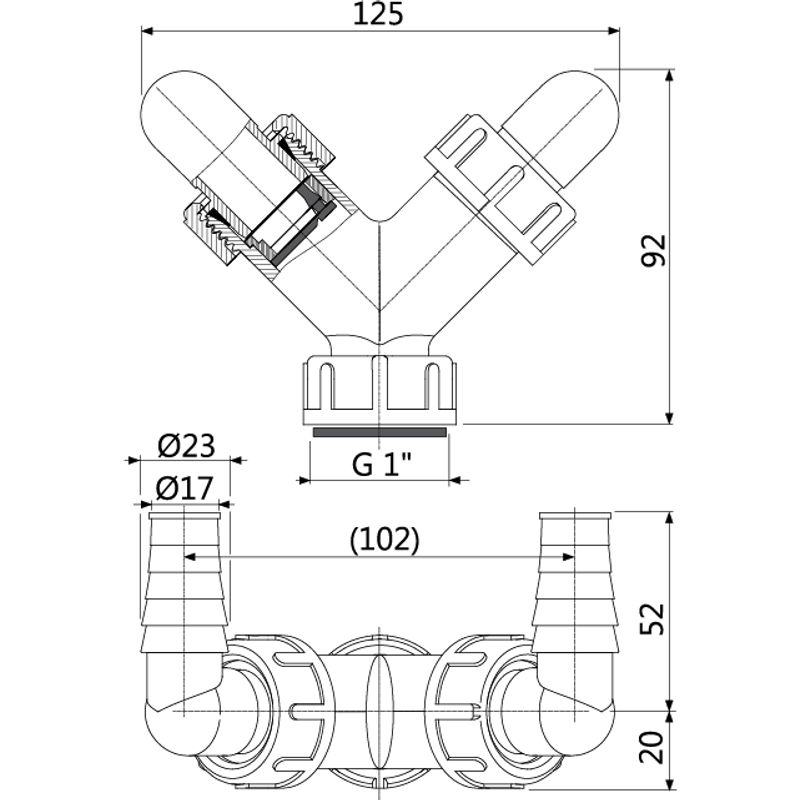 Колено AlcaDrain (AlcaPlast)  с двумя штуцерами G1"/17–23 с обратными клапанами P148Z