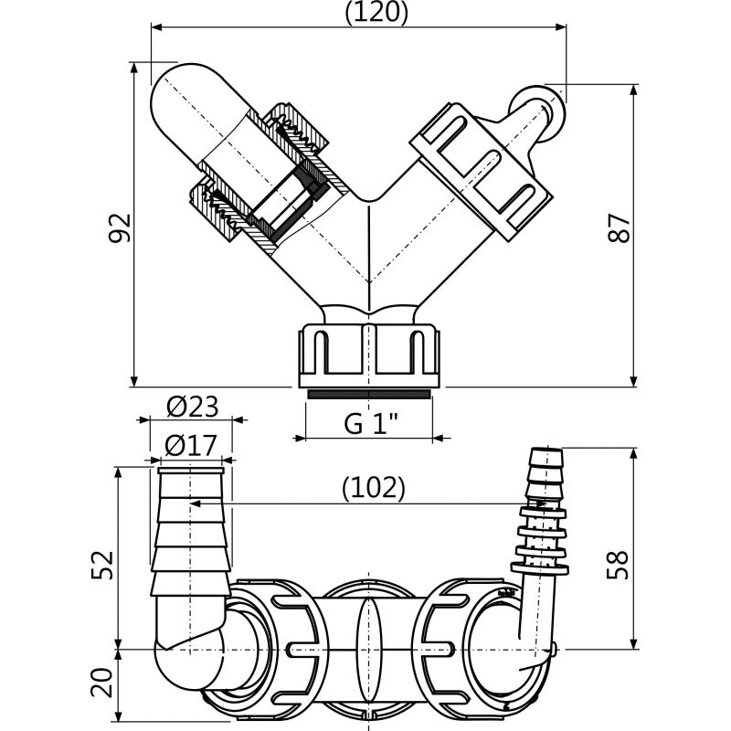Колено AlcaDrain (AlcaPlast)  с двумя штуцерами G1"/8–23 с обратными клапанами P149Z