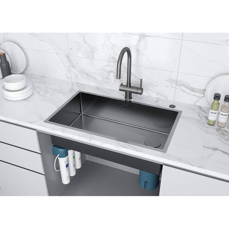 Кухонная мойка из нержавеющей стали Paulmark Next-Skew 74 Uni PM887444-GM вороненая сталь 740х440 мм