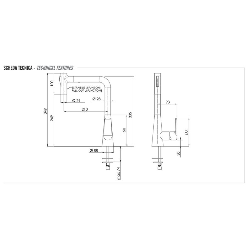 Смеситель для кухни REMER Vanity V81M с поворотным изливом и с выдвижным изливом хром