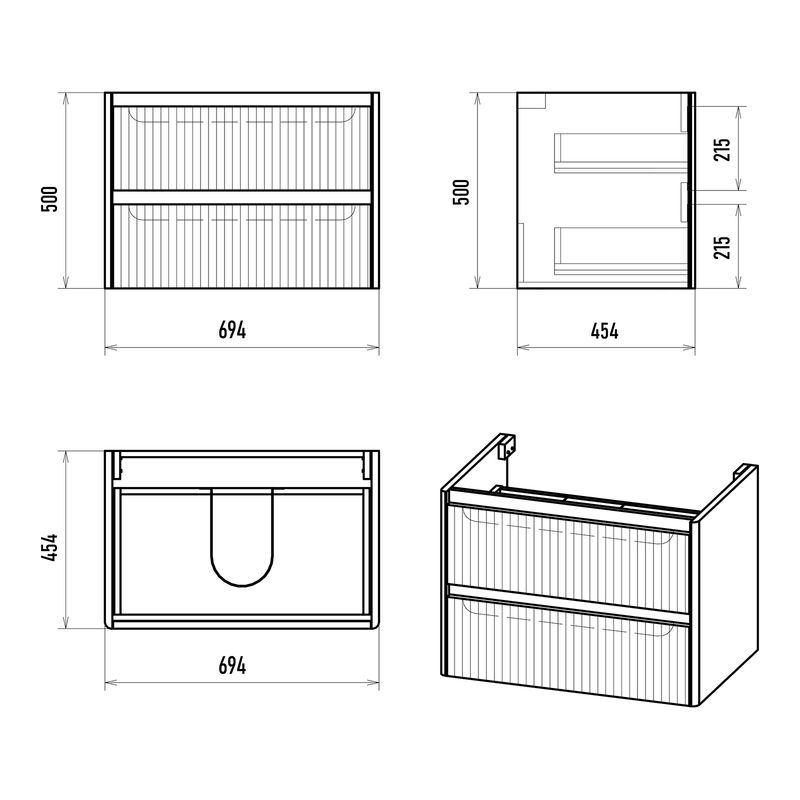 Тумба под раковину Brevita Riva 70 подвесная с 2 ящ. / RIV-07070-0102Я белый
