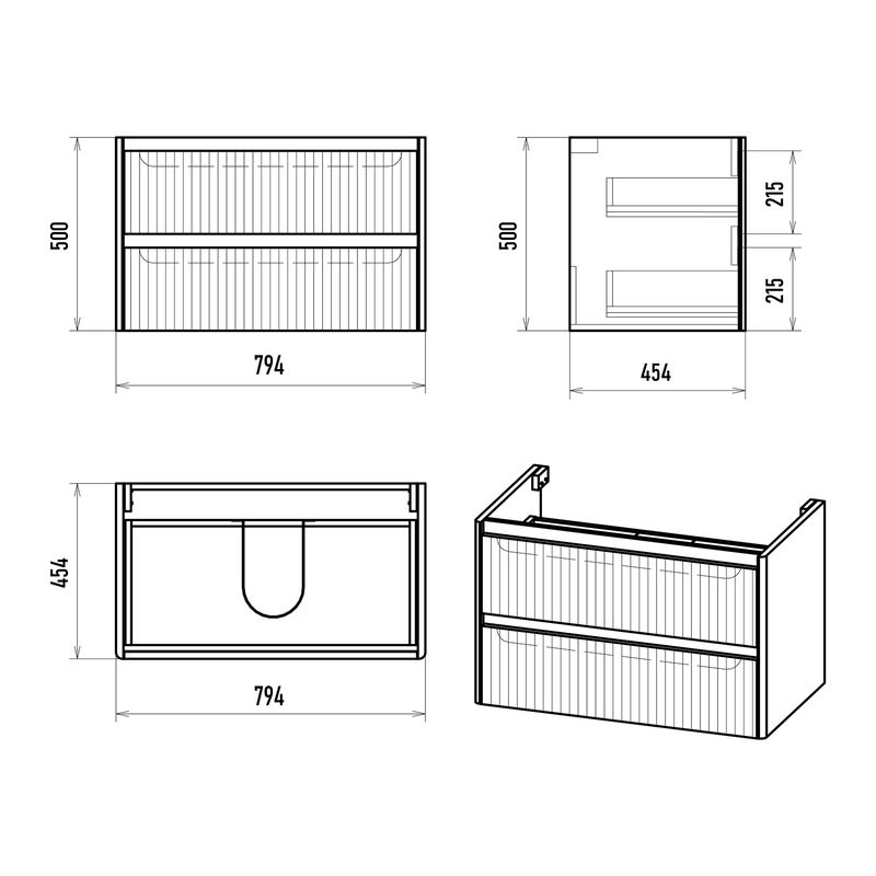 Тумба под раковину Brevita Riva 80 подвесная с 2 ящ. / RIV-07080-0102Я белый