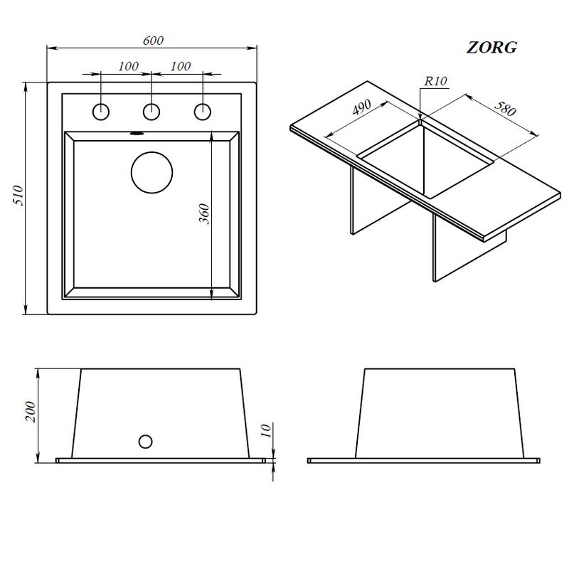 Кухонная мойка из искусственного камня ZorG Rock 60 PREMIUM black metallic с сифоном