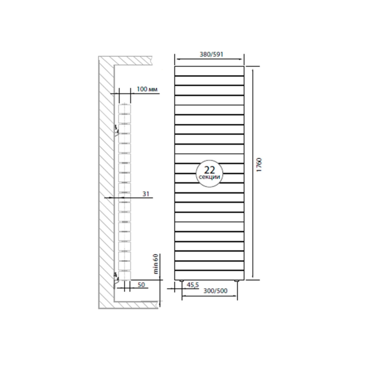 Royal Thermo Piano Forte 500 Tower Silver Satin 22 секции