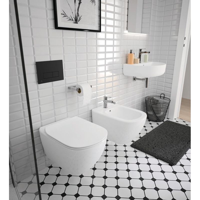 Унитаз подвесной с инсталляцией Ideal Standard Tesi Aquablade с кнопкой Oleas M2 S0079R0121A6 черная