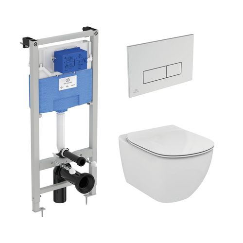 Унитаз подвесной с инсталляцией Ideal Standard Tesi Aquablade с кнопкой Oleas M2 S0079R0121AA хром