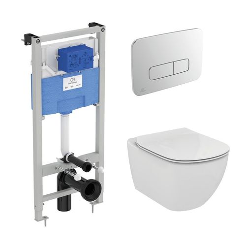 Унитаз подвесной с инсталляцией Ideal Standard Tesi Aquablade с кнопкой Oleas M3 S0079R0123AA хром