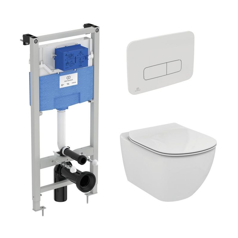 Унитаз подвесной с инсталляцией Ideal Standard Tesi Aquablade с кнопкой Oleas M3 S0079R0123AC белая