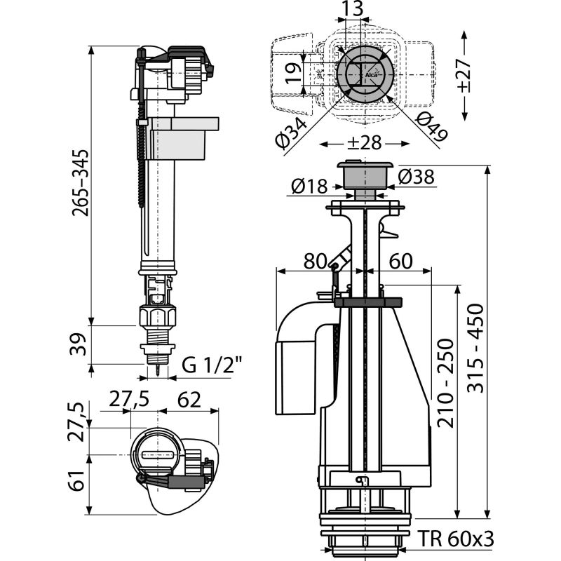 Выпускной комплект AlcaDrain (AlcaPlast) SA08ASK 1/2" CHROM с двойной кнопкой, впускной механизм