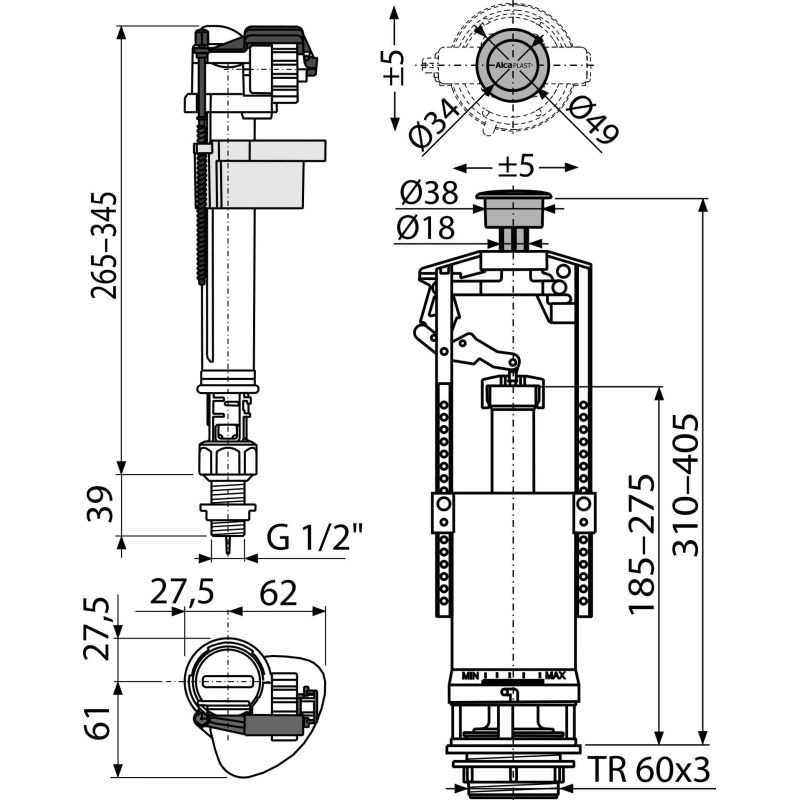 Выпускной комплект AlcaDrain (AlcaPlast) SA2000S 1/2" CHROM со стоп кнопкой, впускной механизм