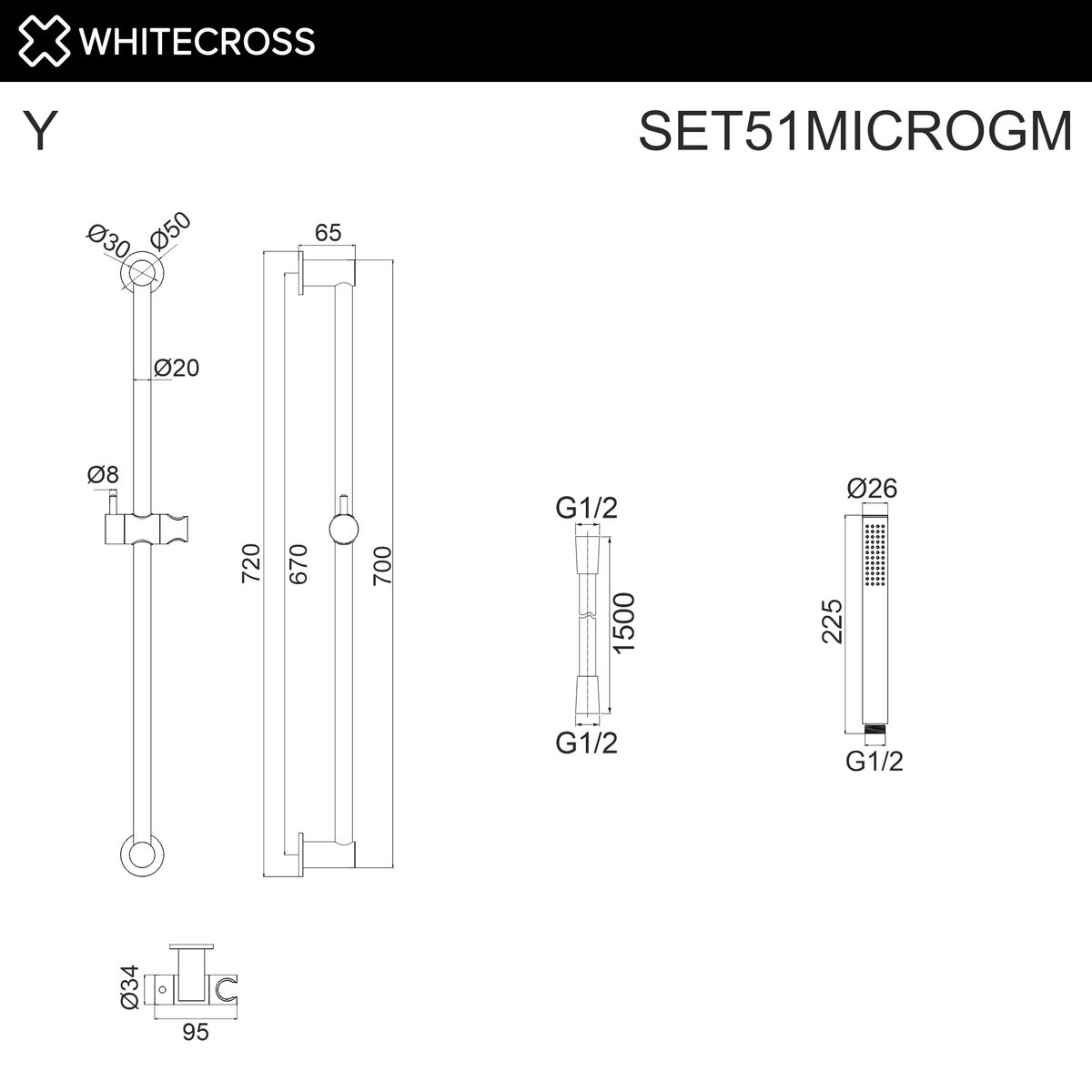 Душевой гарнитур на штанге WHITECROSS SET51MICROGM (оружейная сталь)