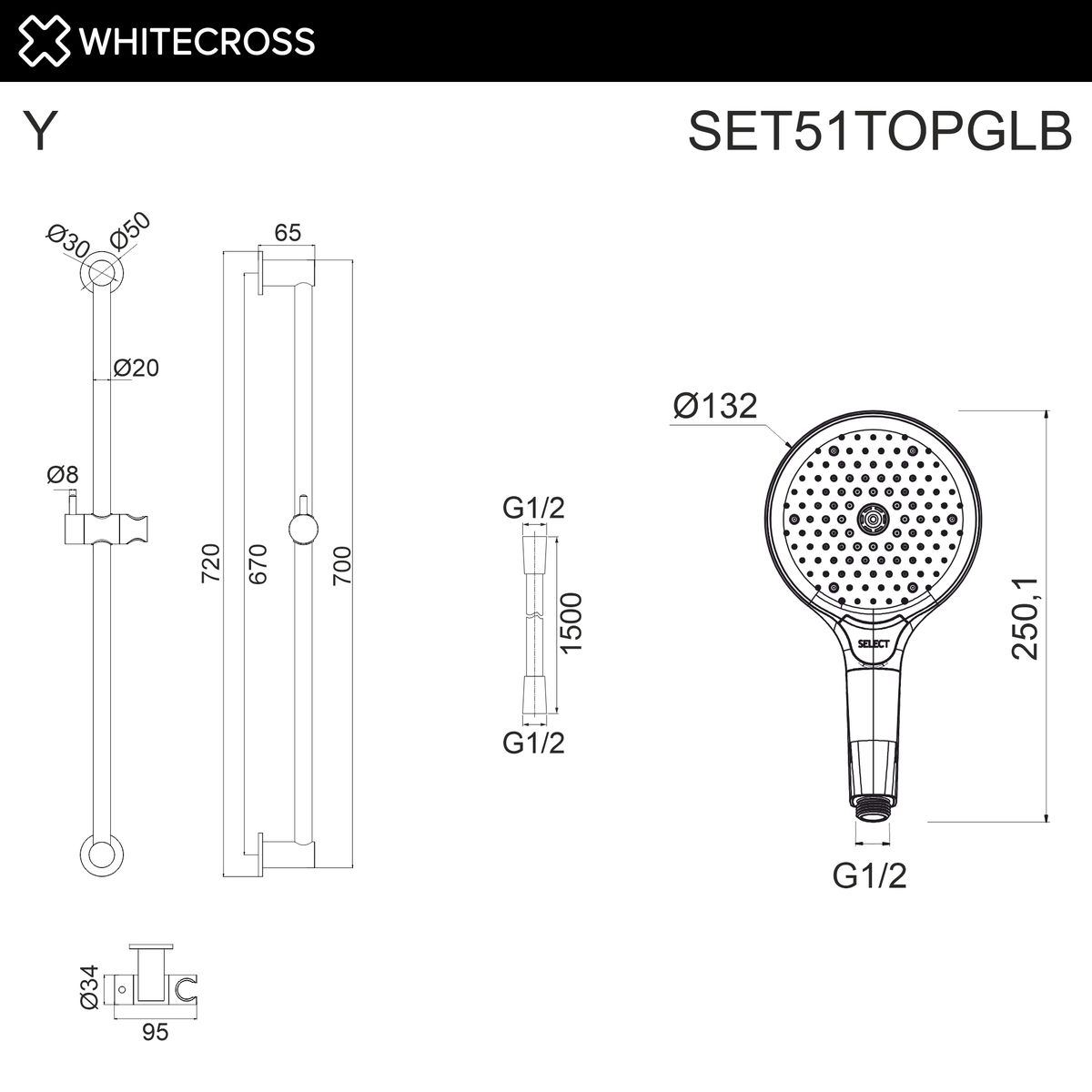 Душевой гарнитур на штанге WHITECROSS SET51TOPGLB (брашированное золото)