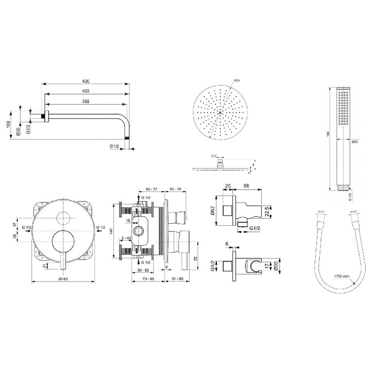 Система для душа скрытого монтажа Ideal Standard Ceraline SetA6939AA-3 6 в 1 верхний душ 300 мм черный матовый