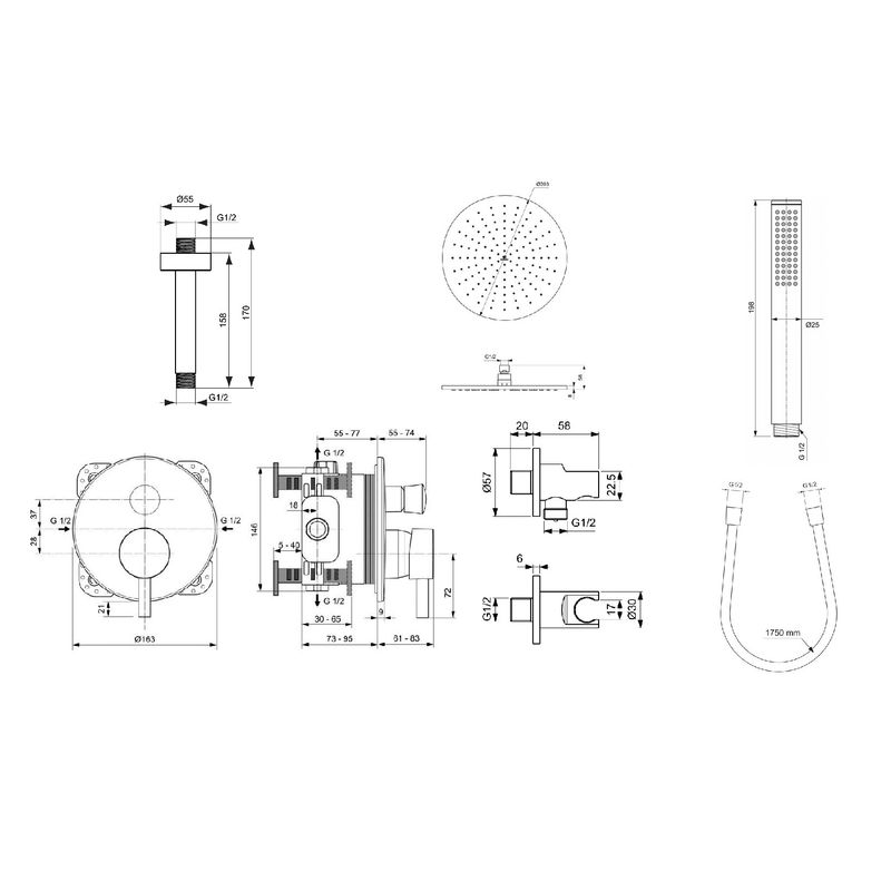 Система для душа скрытого монтажа Ideal Standard Ceraline SetA6939AA-4 6 в 1 верхний душ 300 мм черный матовый